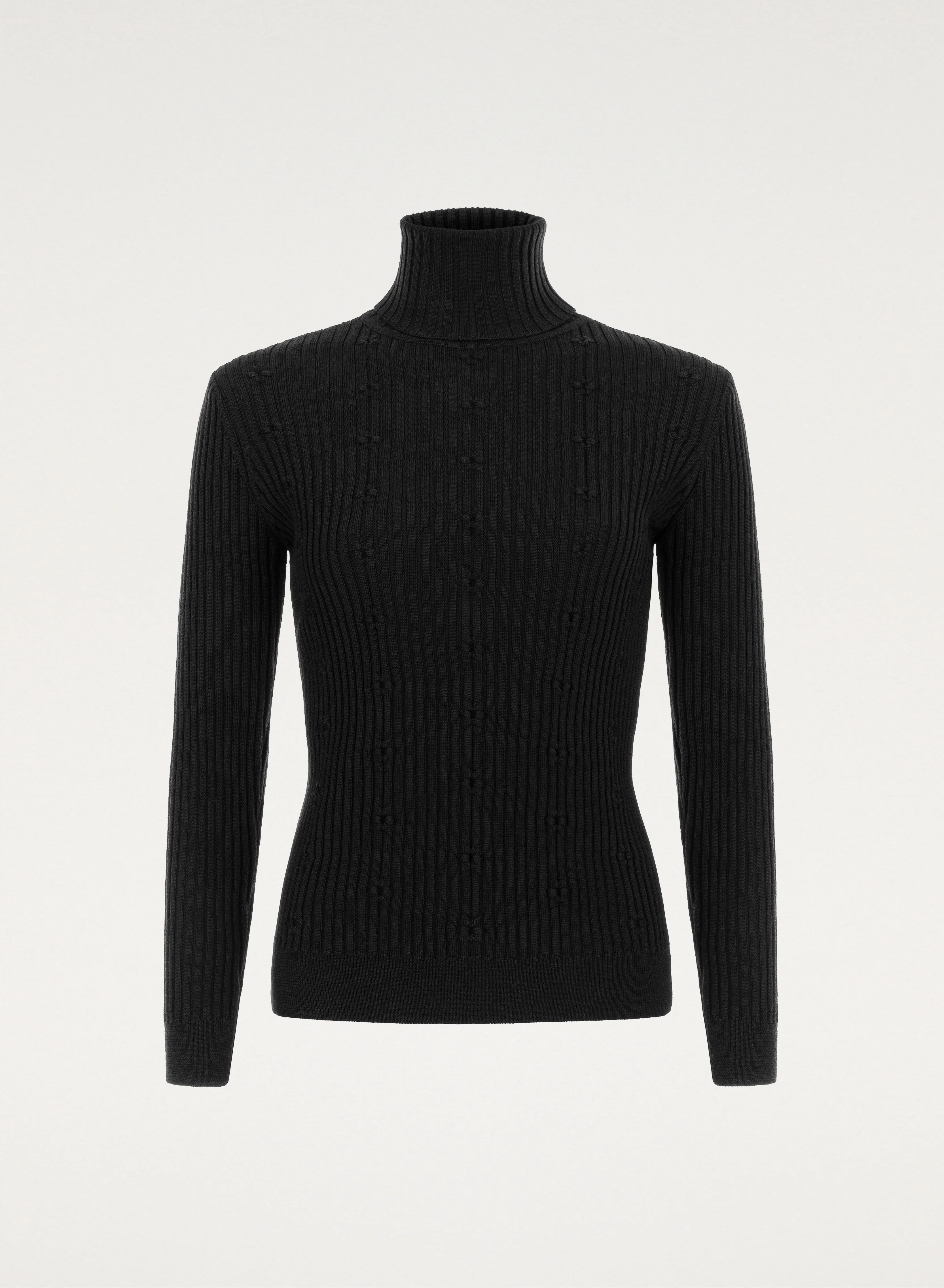 Sweter z wełny merino z golfem i kwiatowym zdobieniem czarny - Vera - Image 5